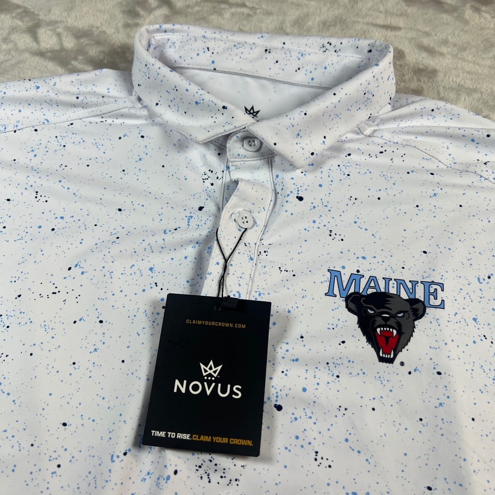NWT Novus Men's Large Polo Shirt White Maine Black Bears Splatter Performance L